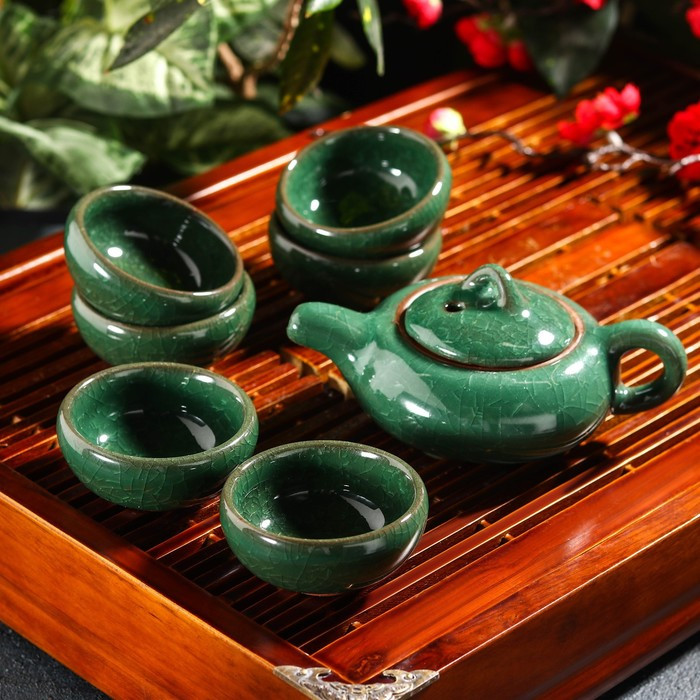 Набор для чайной церемонии керамический «Лунный камень», 7 предметов: чайник 150 мл, 6 пиал 50 мл, цвет - фото 1 - id-p212133646