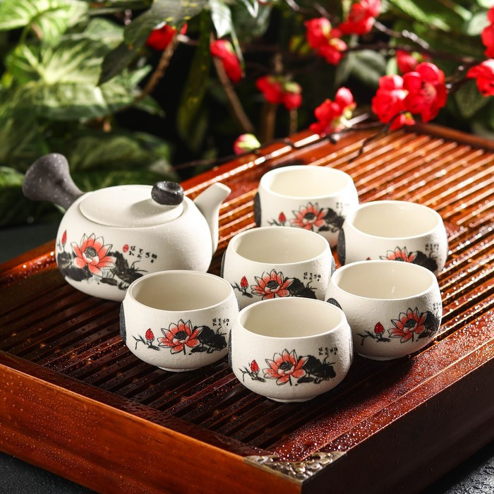 Набор для чайной церемонии керамический «Нежный цветок», 7 предметов: чайник 180 мл, 6 чашек 70 мл, цвет белый - фото 1 - id-p212133648