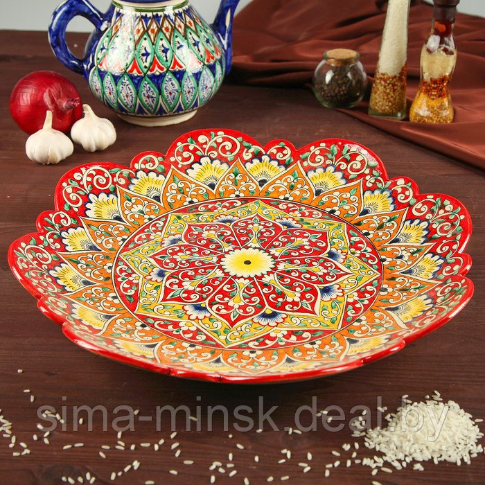 Ляган Риштанская Керамика "Цветы", 40 см, красный микс, рифлённый - фото 1 - id-p212128841