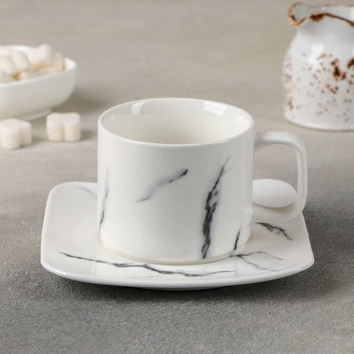 Чайная пара керамическая «Мрамор», 2 предмета: чашка 220 мл, блюдце d=14 см, цвет белый - фото 1 - id-p212134708