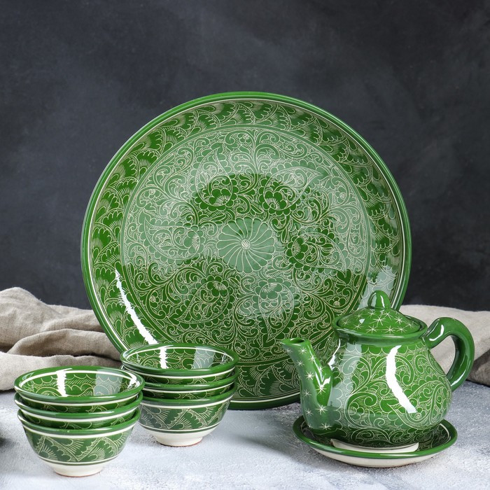 Набор чайный, риштанская роспись, 9 предметов, зелёный: чайник 0.8 л, пиалы 0.3 л - фото 1 - id-p212134746