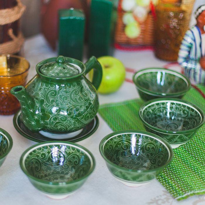 Набор чайный, риштанская роспись, 9 предметов, зелёный: чайник 0.8 л, пиалы 0.3 л - фото 9 - id-p212134746