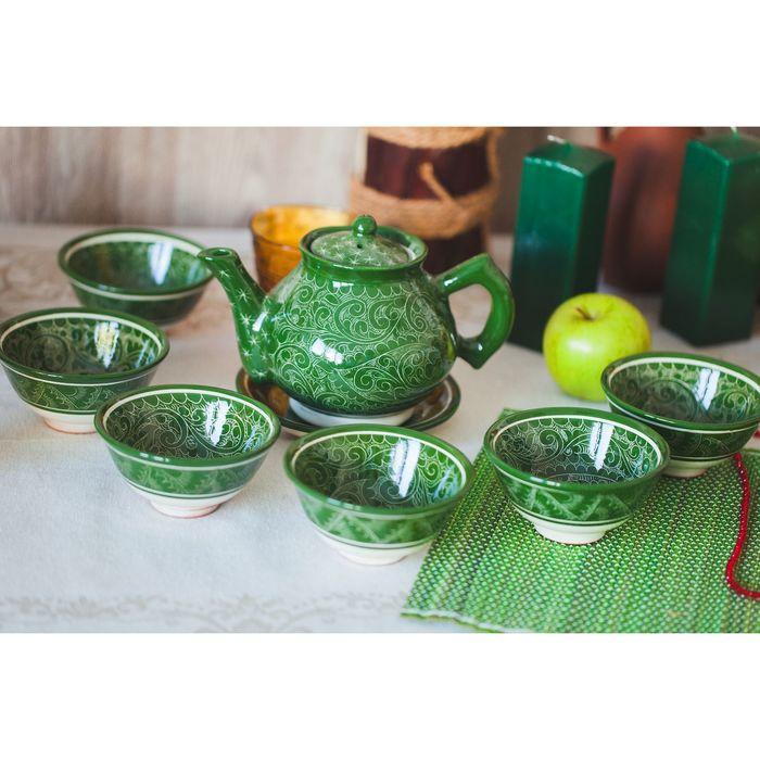 Набор чайный, риштанская роспись, 9 предметов, зелёный: чайник 0.8 л, пиалы 0.3 л - фото 10 - id-p212134746