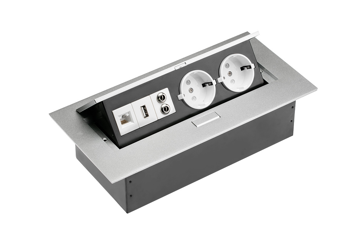 Встраиваемый удлинитель 2xSCHUKO, USB, RJ45, аудио, без провода, алюминий