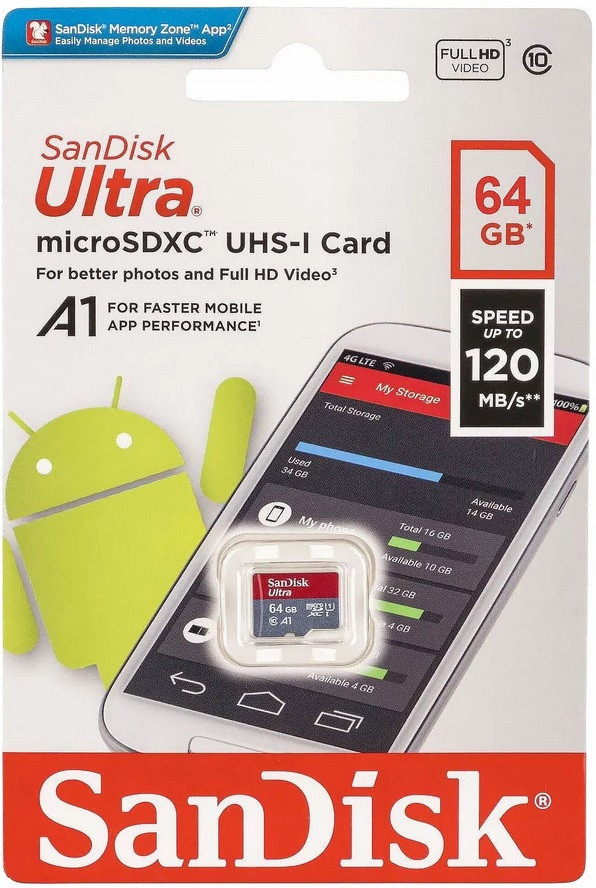 Карта памяти MicroSDHC 64GB SanDisk Ultra® UHS-I, Class 10, 120 МБ/с