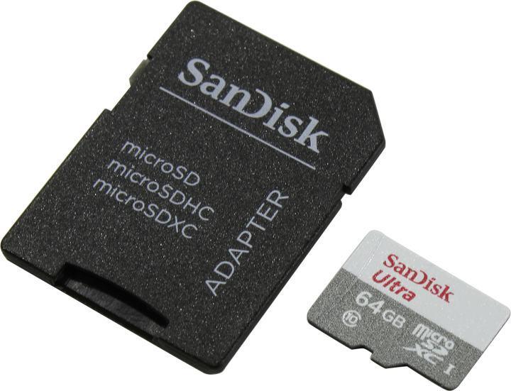 Карта памяти SanDisk Ultra SDSQUNR-064G-GN3MA microSDXC Memory Card 64Gb UHS-I U1 + microSD-- SD Adapter - фото 1 - id-p212327399