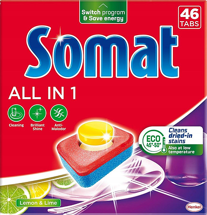 Средство для мытья посуды в посудомоечных машинах Somat All in 1 Lemon & Lime"  46 шт., фото 2