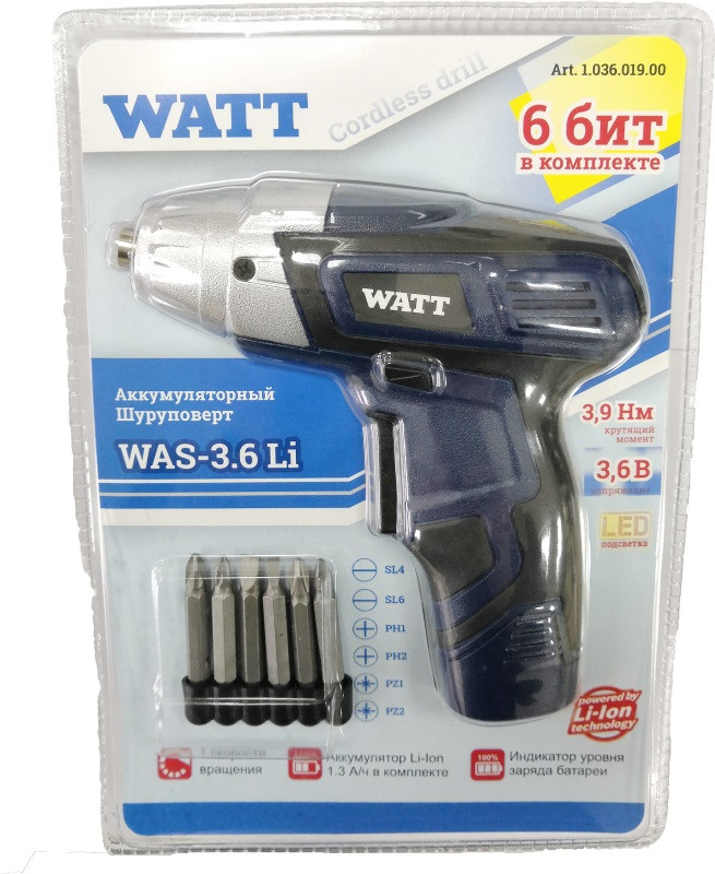1.036.019.00 Отвертка аккумуляторная WATT WAS-3.6 Li