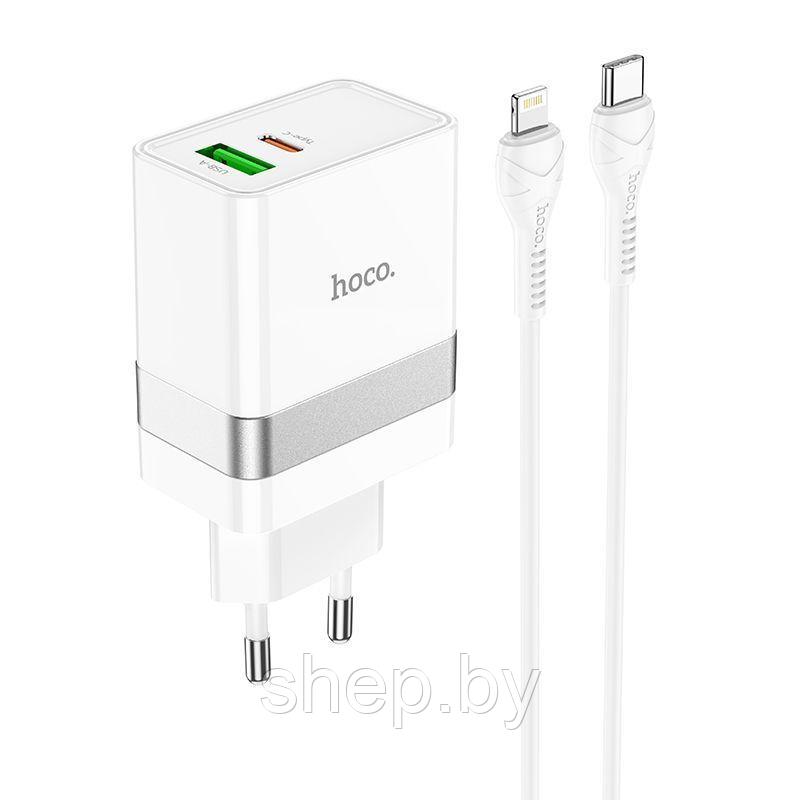 Сетевое зарядное устройство Hoco N21 (USB + Type-C + кабель Type-C - Lightning 30W), цвет: белый - фото 1 - id-p212672293