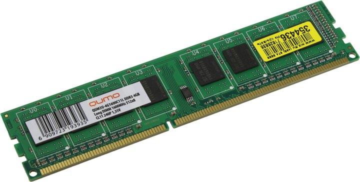 Память оперативная QUMO QUM3U-4G1600С11L DDR3 DIMM 4Gb PC3-12800 CL11 Low Voltage - фото 1 - id-p212701411