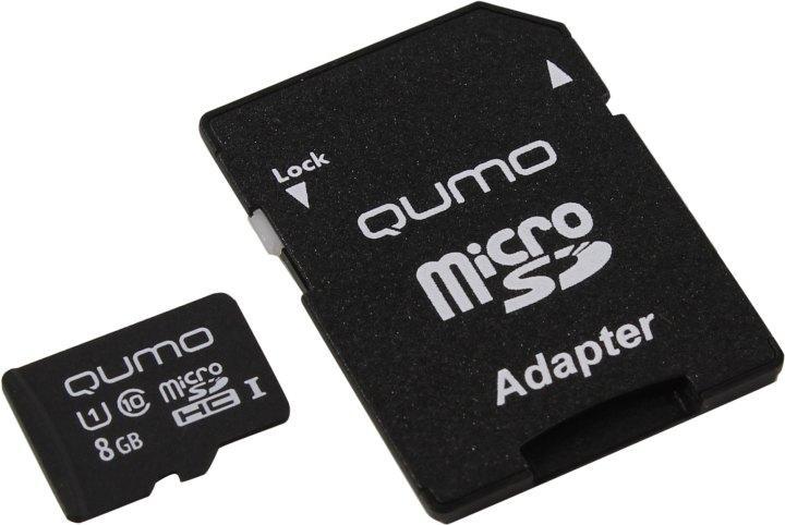 Карта памяти Qumo QM8GMICSDHC10U1 microSDHC 8Gb UHS-I U1 + microSD-- SD Adapter - фото 1 - id-p212730689