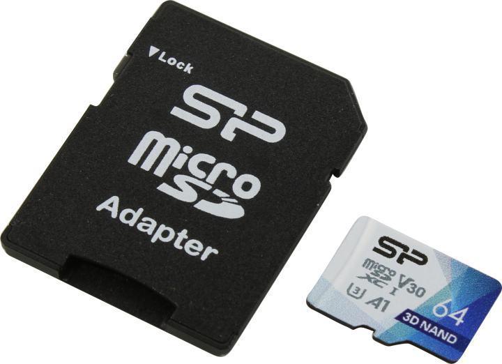 Micro SecureDigital 64Gb Silicon Power SP064GBSTXDU3V20AB {MicroSDXC Class 10 UHS-I U3, SD adapter} - фото 1 - id-p212703844