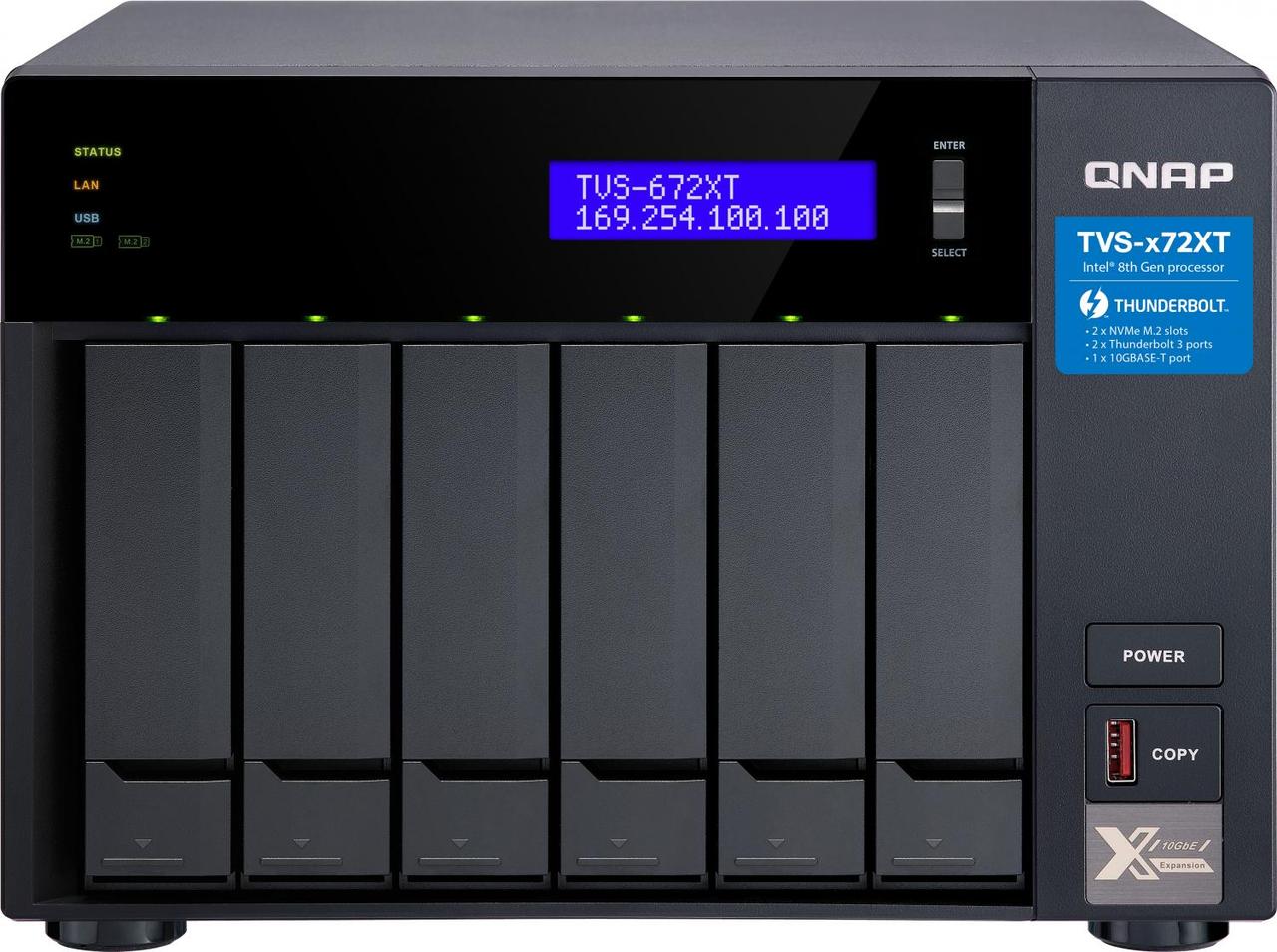 Сетевое хранилище без дисков QNAP TVS-672XT-i3-8G 6-Bay NAS, Intel Core i3-8100T 4-core 3.1 GHz Processor, 8GB