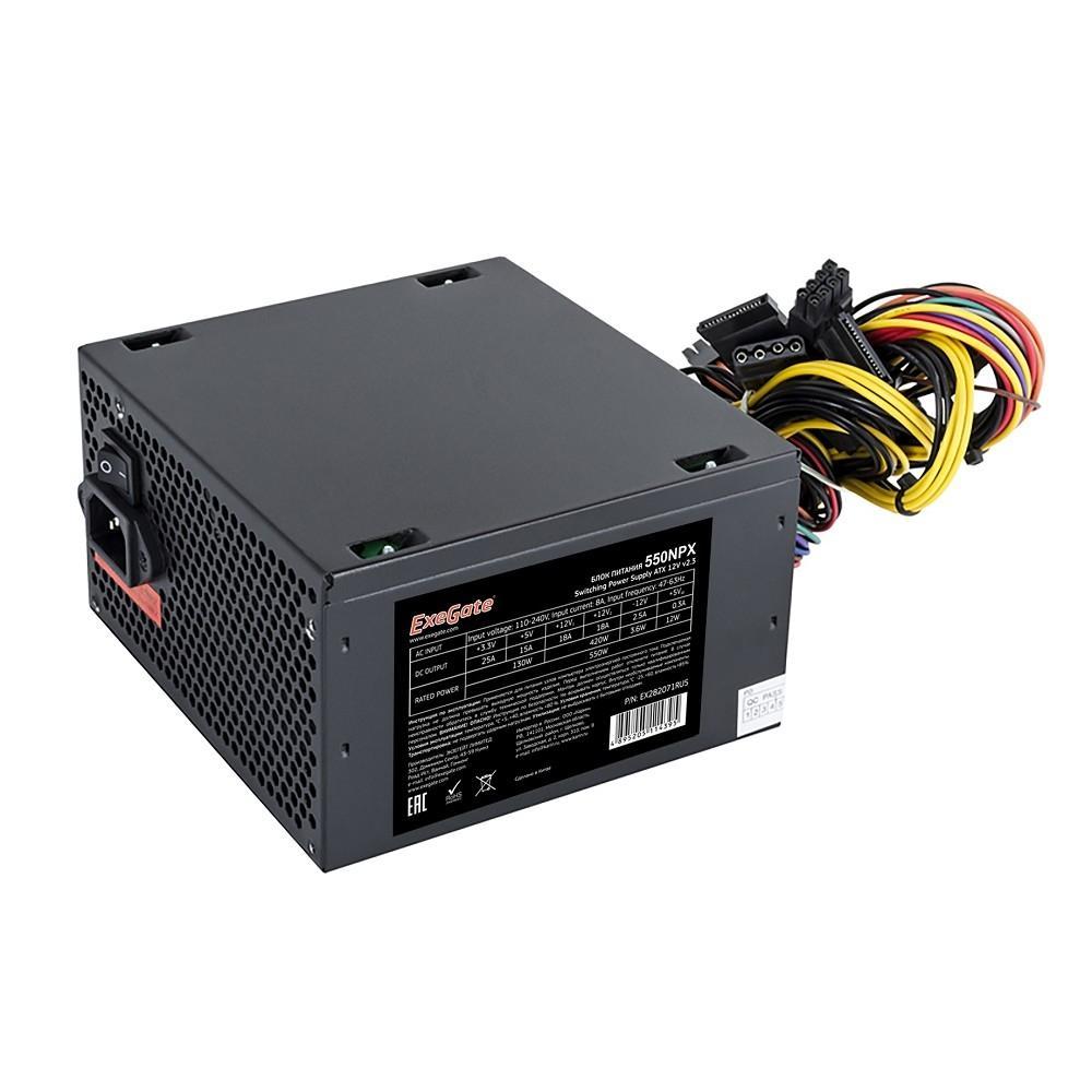 Блок питания 550W ExeGate 550NPX (ATX, SC, 12cm fan, 24pin, 4pin, PCIe, 3xSATA, 2xIDE, FDD, black, кабель 220V - фото 1 - id-p212715255
