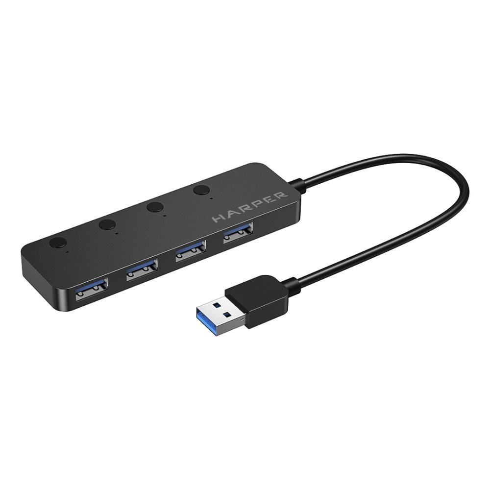 HARPER HUB-04MB Black USB-концентратор, Интерфейс: 4 х USB 3.2, 1 х Micro USB Переходник: USB 3.0 / Type-C, - фото 1 - id-p212733258