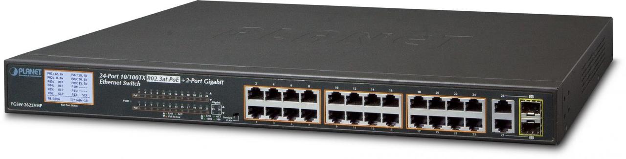 Коммутатор PLANET. PLANET 24-Port 10/100TX 802.3at PoE + 2-Port Gigabit TP/SFP Combo Ethernet Switch with LCD - фото 1 - id-p212708198