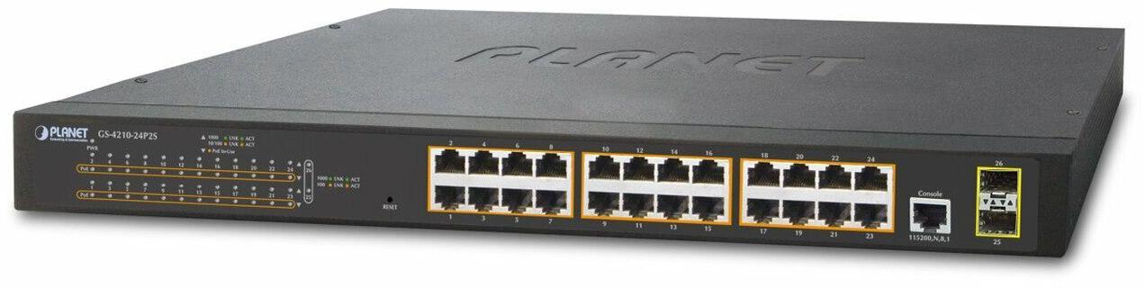 Коммутатор PLANET GS-4210-24P2S IPv4, 24-Port Managed 802.3at POE+ Gigabit Ethernet Switch + 2-Port 100/1000X - фото 1 - id-p212708204