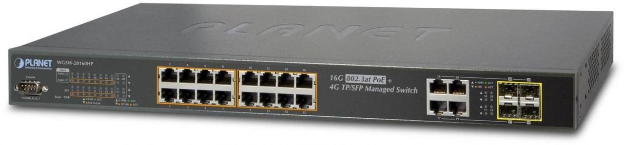 Коммутатор PLANET WGSW-20160HP IPv6 Managed 16-Port 802.3at PoE Gigabit Ethernet Switch + 4-Port SFP (230W) - фото 1 - id-p212708211