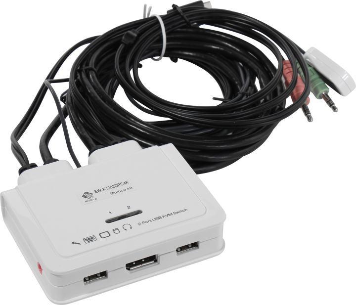 Переключатель Multico EW-K1302DPC4K 2-port Type-C KVM Switch (клав.USB+мышьUSB+DP+Audio проводной ПДУ кабели - фото 1 - id-p212732352