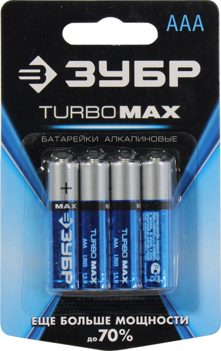 Элемент питания Зубр Turbo MAX 59203-4C Size"AAA" 1.5V щелочной (alkaline) уп.4 шт - фото 1 - id-p212730248