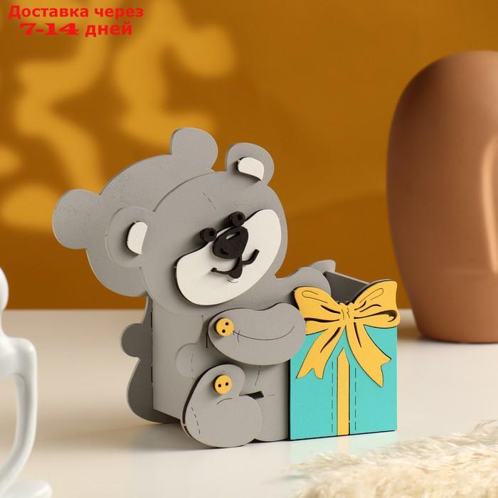 Подарочная упаковка "Мишка с подарком" 17х8х16 см серый пастель-тиффани - фото 1 - id-p212676780