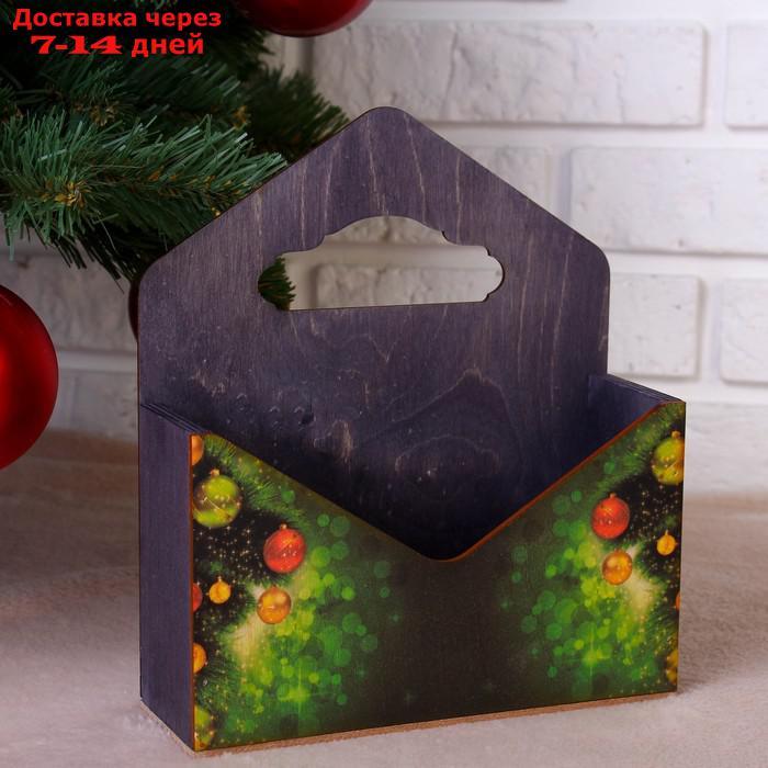 Кашпо деревянное "Конверт, Новогодний №2", деревянная ручка, чёрное, 20,5×18×6 см - фото 1 - id-p212675028