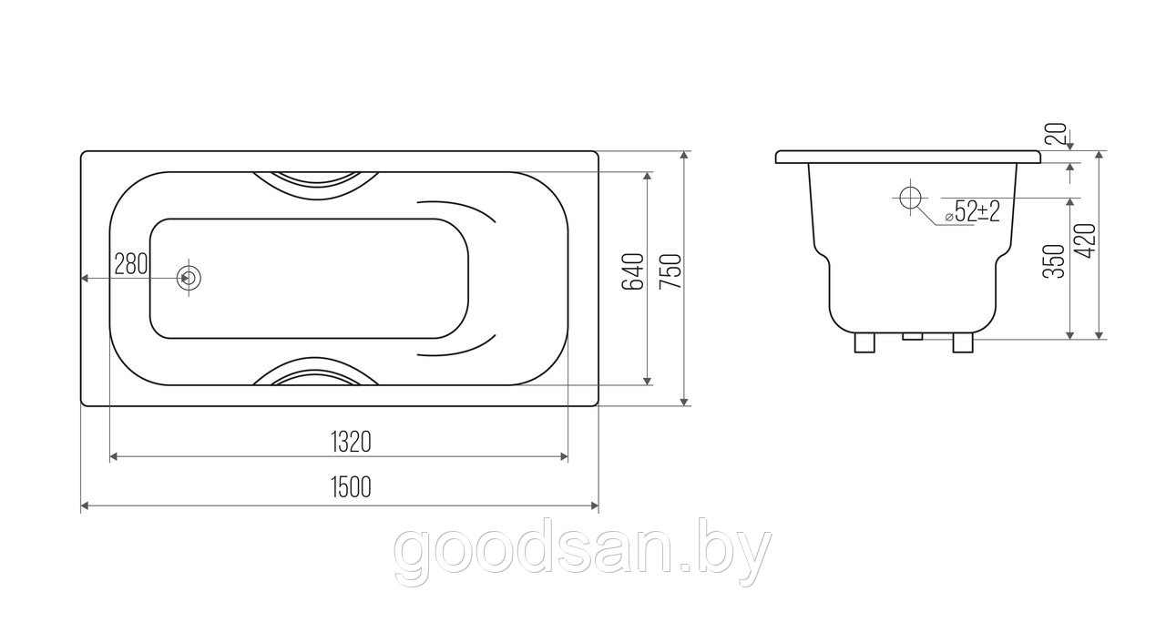 Ванна чугун Goldman donni 150x75х42 с ножками и ручками - фото 4 - id-p212910385