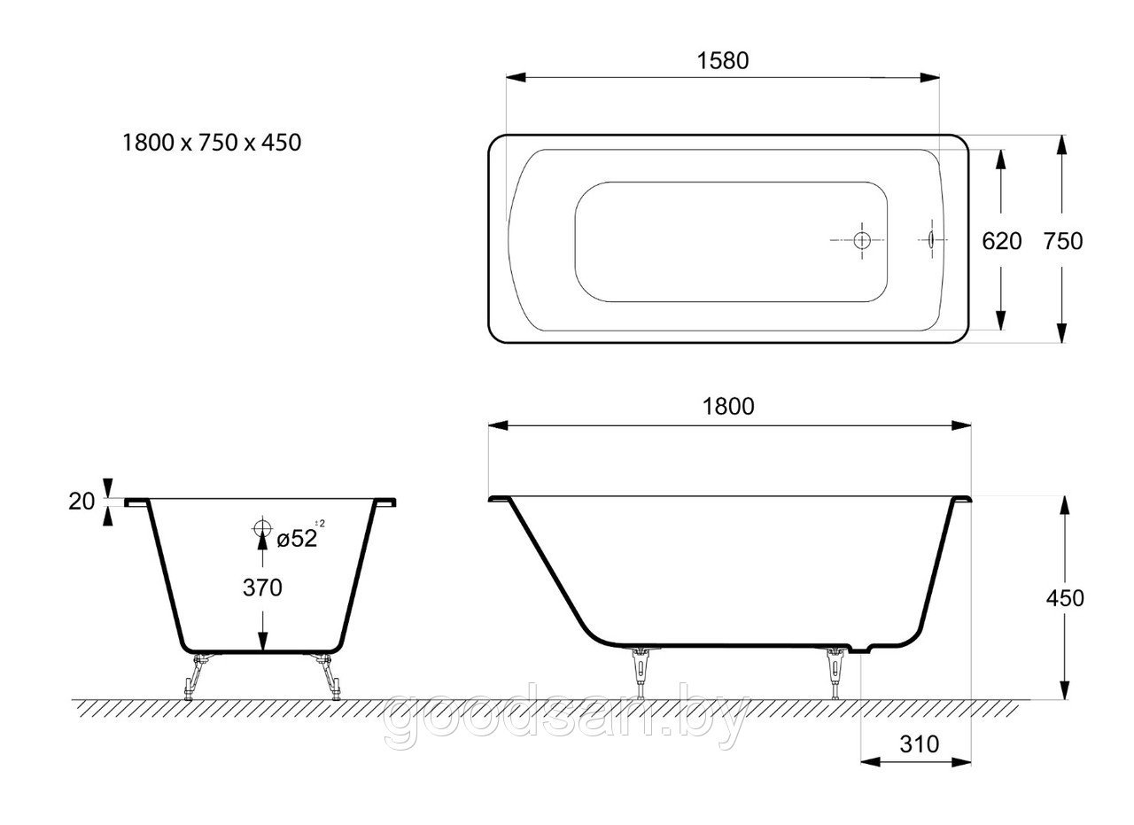 Ванна чугун Goldman devon 180x75х45 с ножками - фото 2 - id-p212910476
