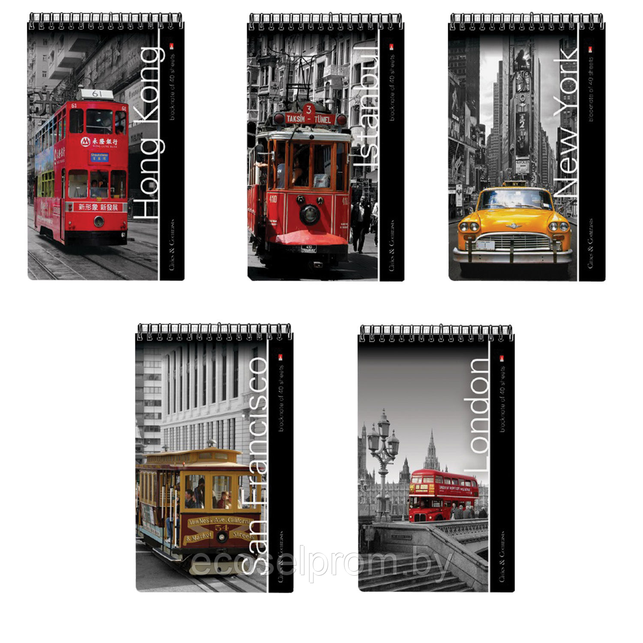 Блокнот А5, 40 л., гребень, ламинированный картон, клетка, Альт, "Города", (5 видов), 3-40-463