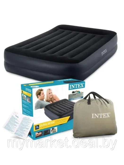 Надувной матрас - кровать INTEX Pillow Rest со встроенным насосом 152х203х42 см - фото 1 - id-p213162369