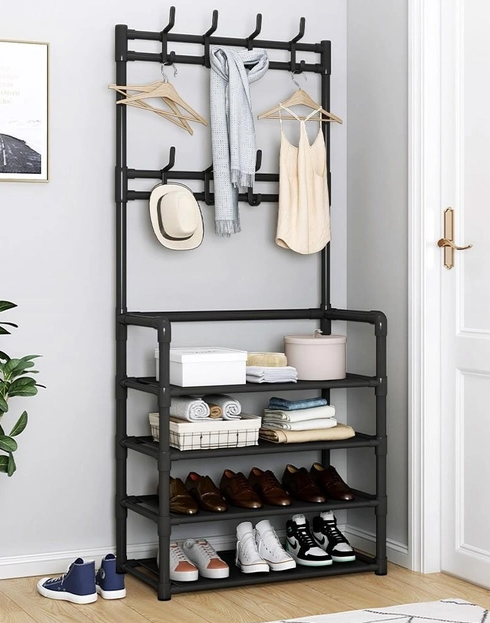 Напольная вешалка для обуви и одежды с полками и крючками New Simple floor Clothes Rack 4 яруса 158х60х28 см. - фото 2 - id-p198043623