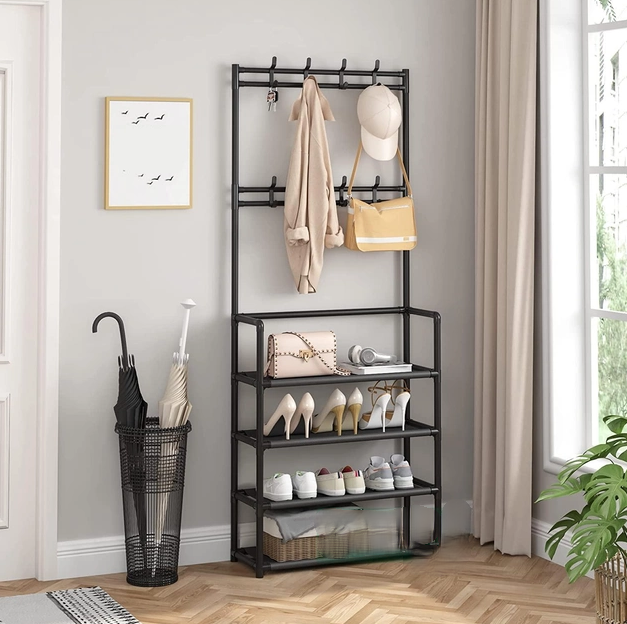 Напольная вешалка для обуви и одежды с полками и крючками New Simple floor Clothes Rack 4 яруса 158х60х28 см. - фото 3 - id-p198043623