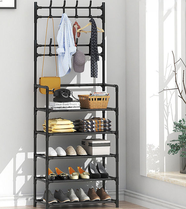 Напольная вешалка для обуви и одежды с полками и крючками New Simple floor Clothes Rack 5 ярусов 175х60х28 см. - фото 6 - id-p213195524