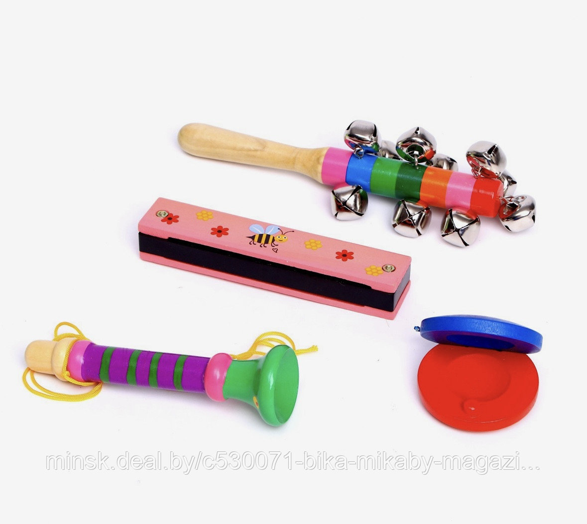 Подарочный набор музыкальных инструментов: губная гармошка, дудочка, колокольчики, кастаньета - фото 2 - id-p213203974
