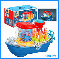 Детская игрушка прозрачный корабль со светом и звуком YJ388-67, развивающий детский катер с шестеренками