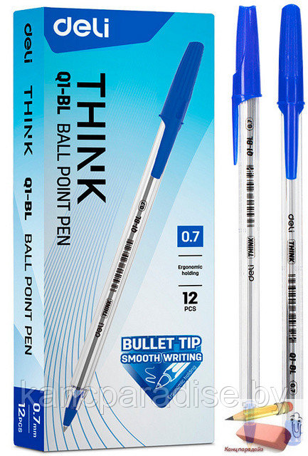 Ручка шариковая Deli Think, 0,7 мм., синяя, корпус прозрачный, арт. 3 EQ1-BL - фото 1 - id-p213278493