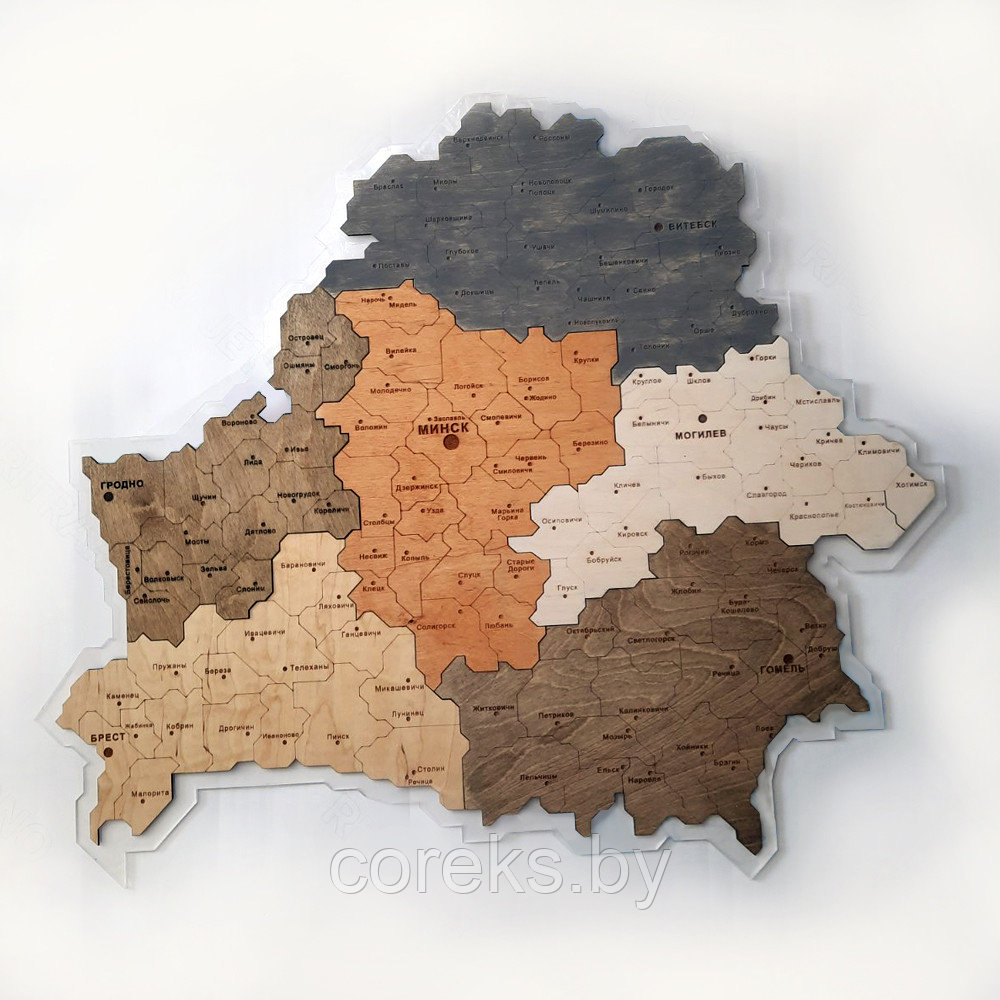 Деревянная карта Беларуси на оргстекле (области и районы) №16 (размер 80*70 см)
