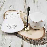 Подарочный чайный набор Котик «Cute cat» на 1 персону цвет:белый