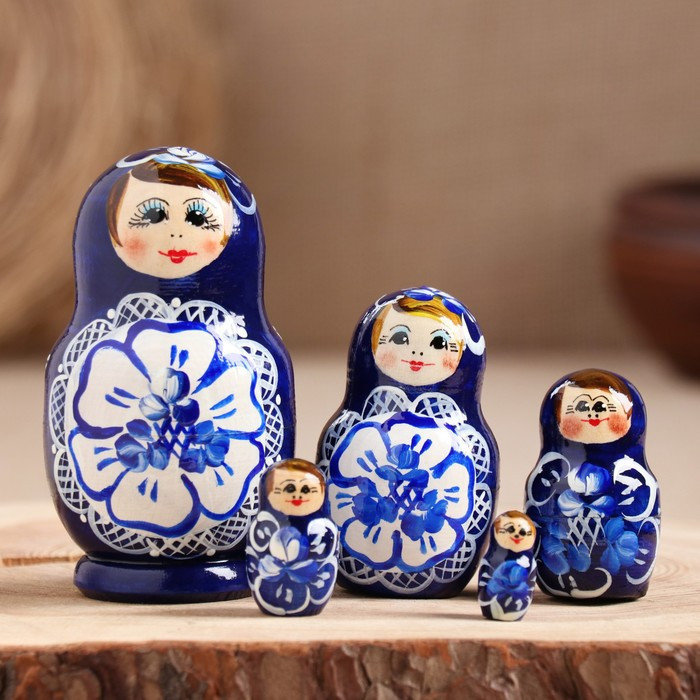 Матрёшка «Гжель», синее платье, 5 кукольная, 9,5-11 см - фото 1 - id-p213424694