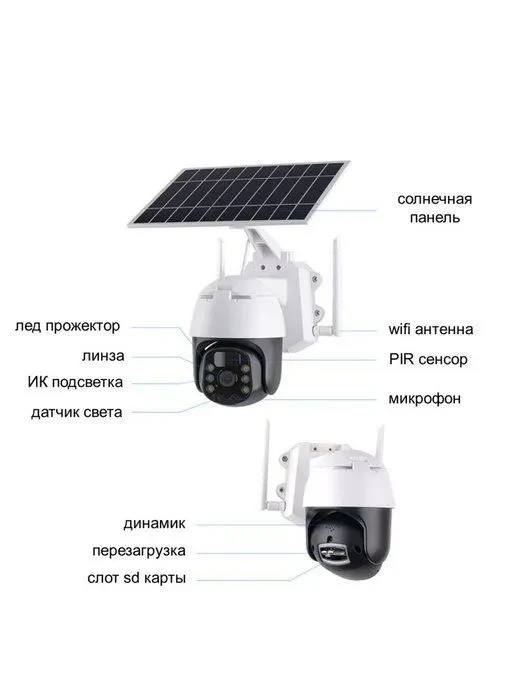 Уличная беспроводная поворотная WiFi Smart камера видеонаблюдения с солнечной батареей 3MP с ночной съемкой - фото 4 - id-p213458082