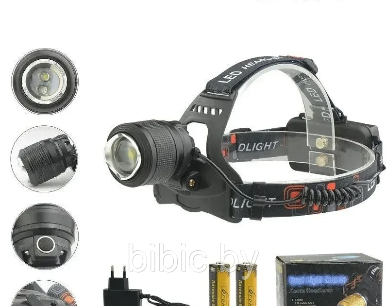 Фонарь налобный HТ-193-2 (АКБ+USB) до 1км, фонарик светодиодный на голову лоб, мощный, влагозащитный - фото 2 - id-p213461098