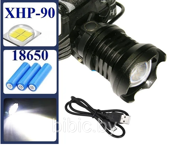 Фонарь налобный HT-799-P90 (АКБ+USB) до 1км, фонарик светодиодный на голову лоб, мощный, влагозащитный - фото 4 - id-p213461144