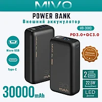 Внешний аккумулятор 30000mAh MIVO MB-308Q / 22.5W / PD3.0+QC3.0 / 2хUSB / Micro USB+Type-C / LED