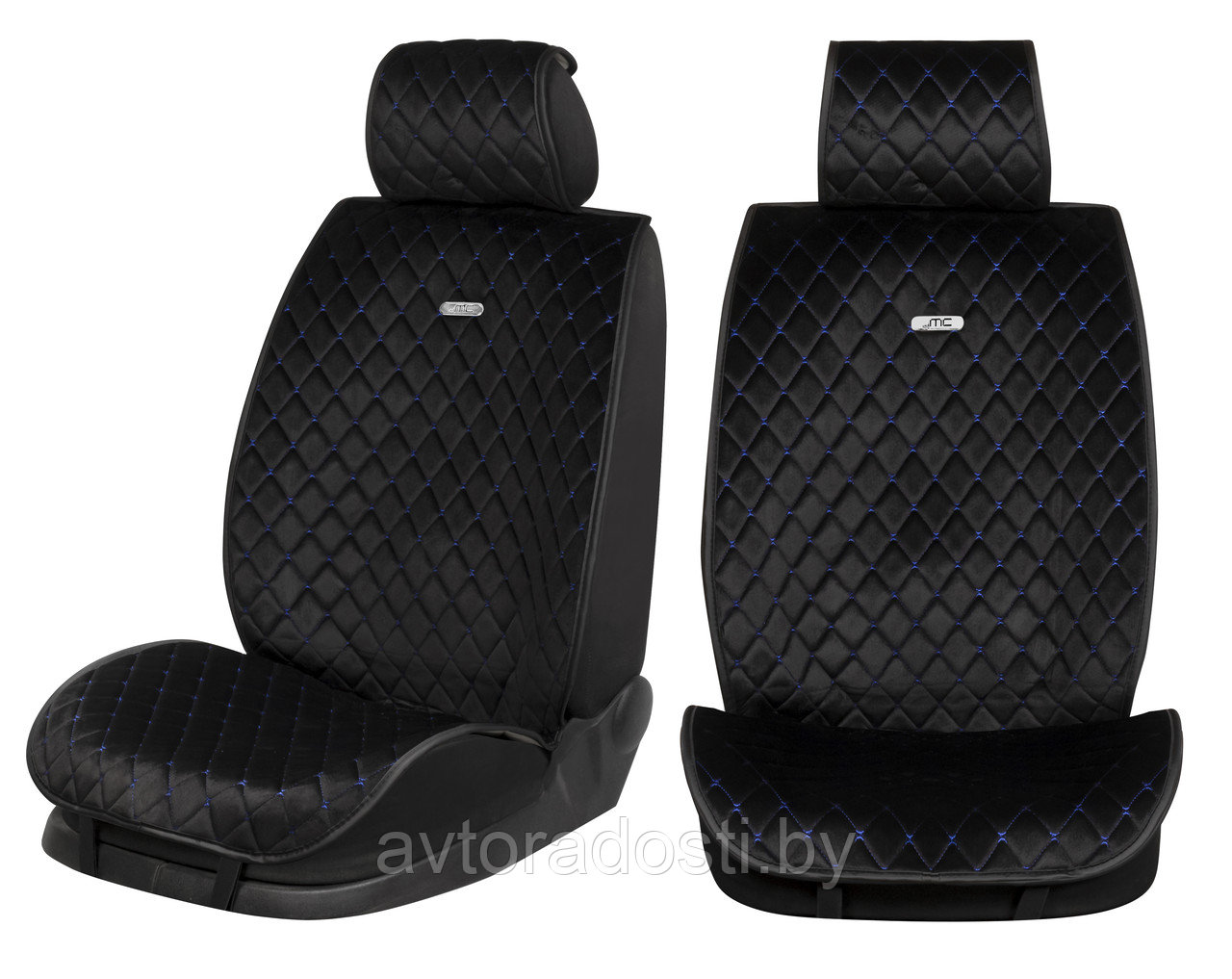 Чехлы (накидки) на сиденья МaxCar (Черный велюр, синяя прострочка "Ромб", черный кант) / пара - фото 1 - id-p213276741