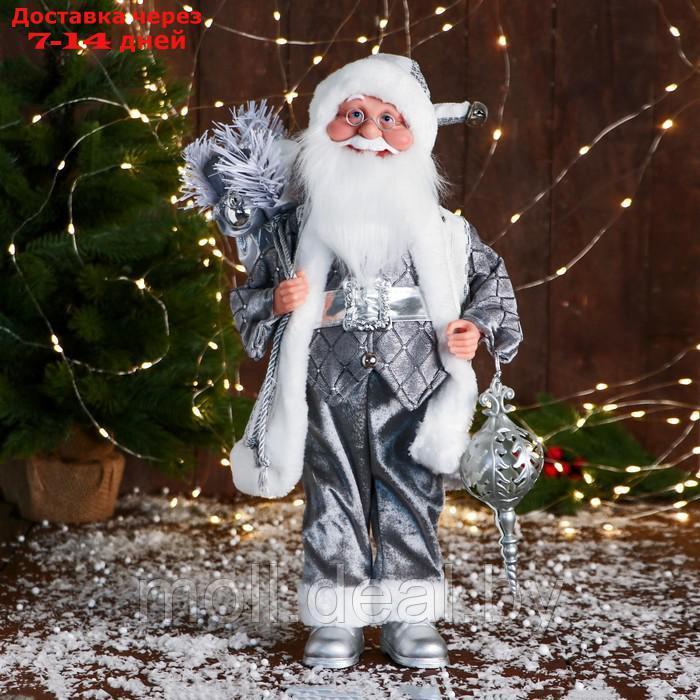 Дед Мороз "Клетчатом жилете " музыка шевелит головой, 43 см, серый - фото 1 - id-p213484543