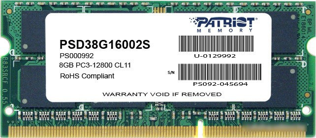 Оперативная память Patriot Signature 8GB DDR3 SO-DIMM PC3-12800 (PSD38G16002S) - фото 1 - id-p213228395