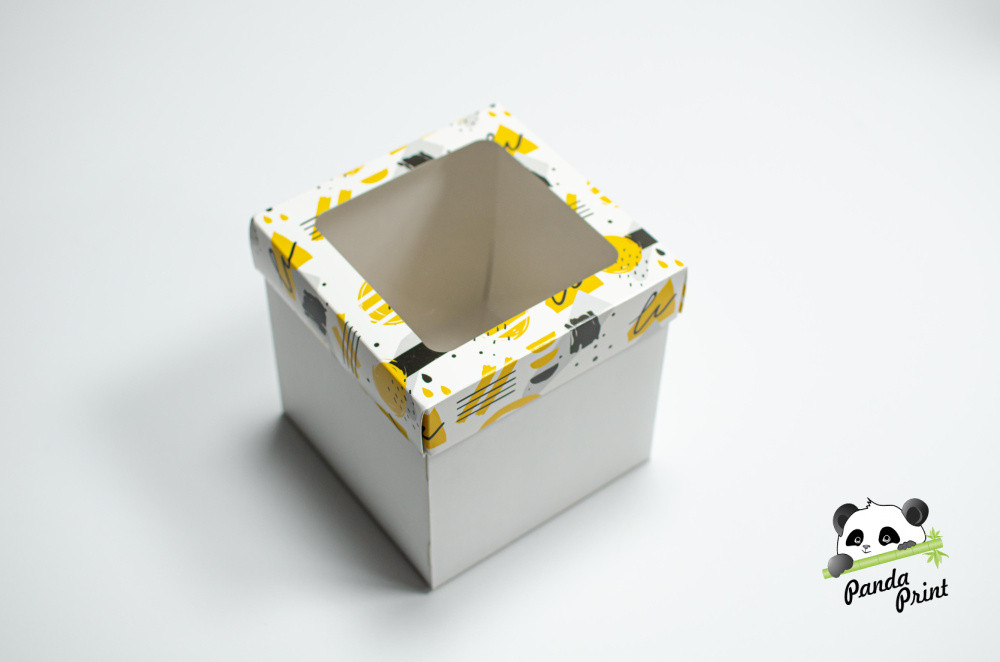 Коробка с прозрачным окном 100х100х95 Желто-черная (белое дно)