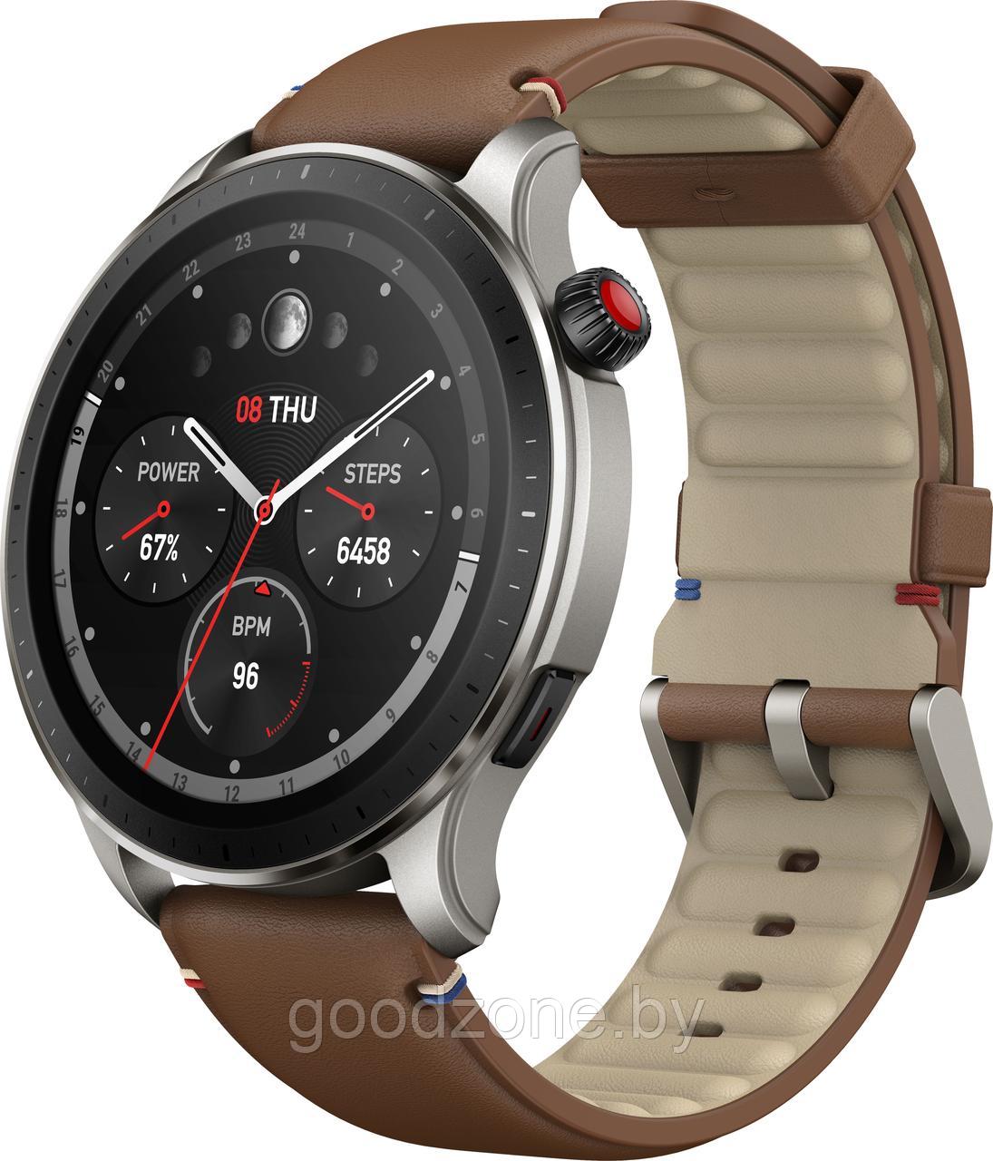 Умные часы Amazfit GTR 4 (серебристый, с коричневым кожаным ремешком) - фото 1 - id-p210906172