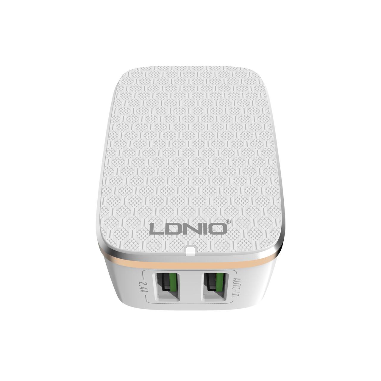 Сетевое зарядное устройство - LDNIO A2204, 5V, 2400mA, 12W, 2xUSB, белое + Lightning кабель (для Iphone) - фото 3 - id-p213629661