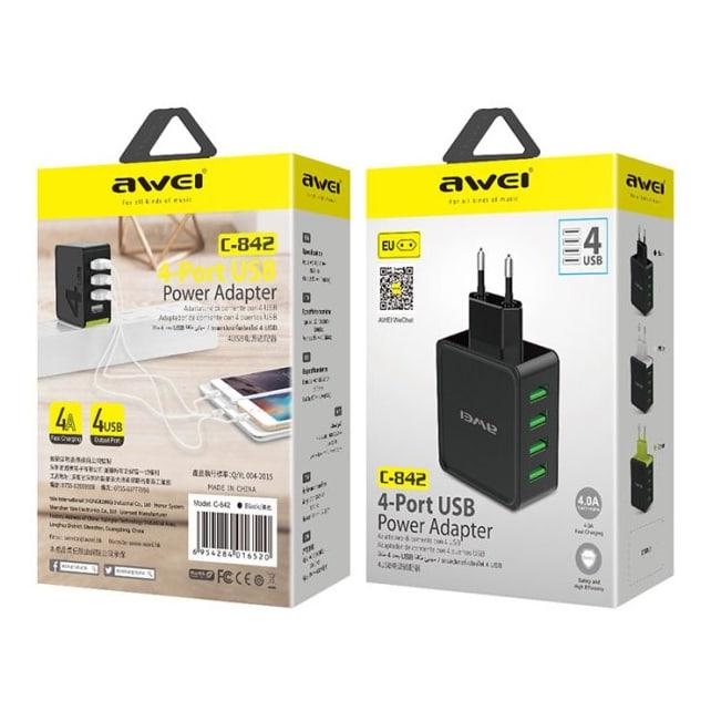 Сетевое зарядное устройство - Awei C-842, 5V, 4000mA, 20W, 4xUSB, чёрное - фото 1 - id-p213654557